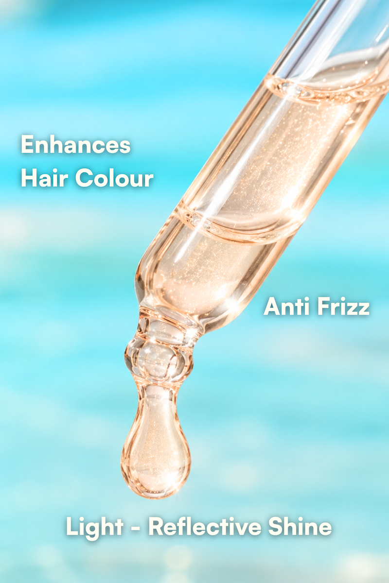 Gloss Drops serum dripping from a dropper: enhances hair colour, anti-frizz, light-reflective shine