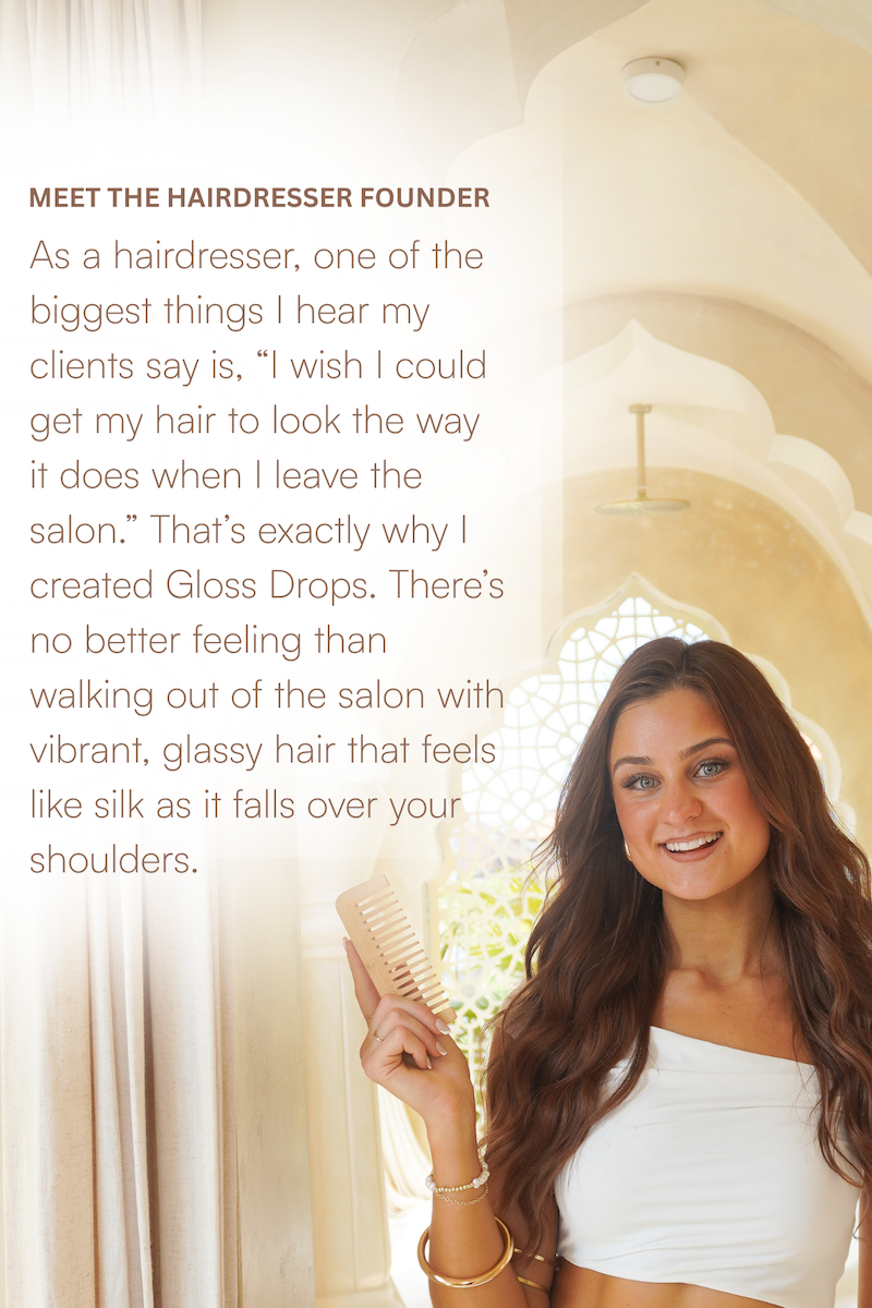 Coastal GRL’s hairdresser founder holding a wooden comb, with her story behind creating Gloss Drops glass-like hair serum