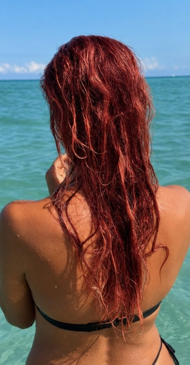 Back view of a woman standing in clear turquoise water with long, wet, vibrant red hair.