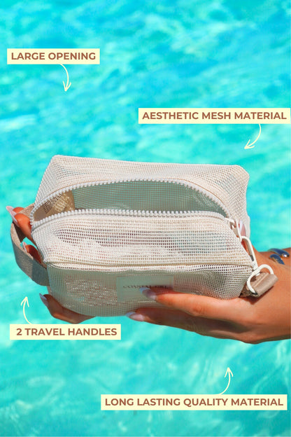 Mesh pouch with text highlighting features against a pool background