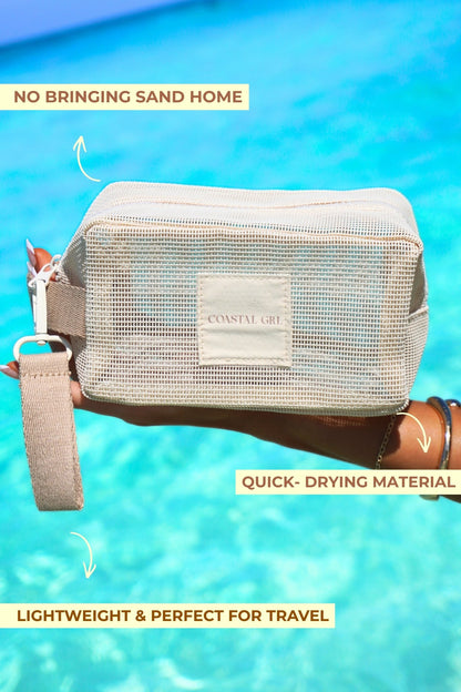 Beige mesh pouch held by a hand with text about quick-drying material and travel suitability against a blue water background.