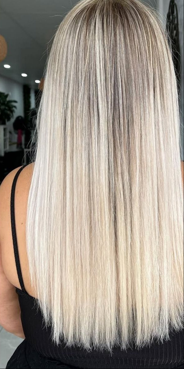 Back view of long, sleek, straight blonde hair with soft dark roots blending into bright icy blonde lengths, styled in a salon