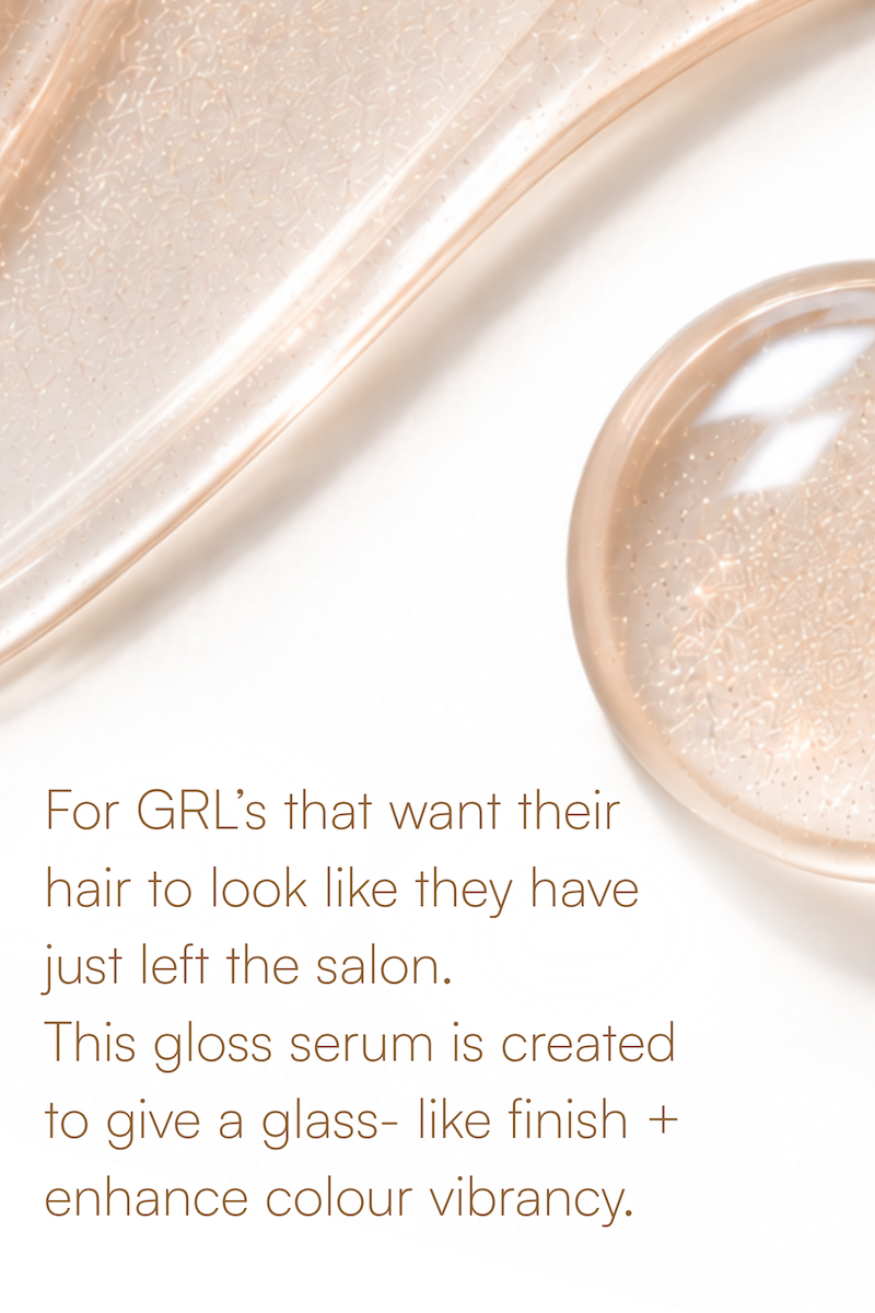 Close-up of Gloss Drops serum texture with fine shimmer, made to give hair a glass-like finish and enhance colour vibrancy