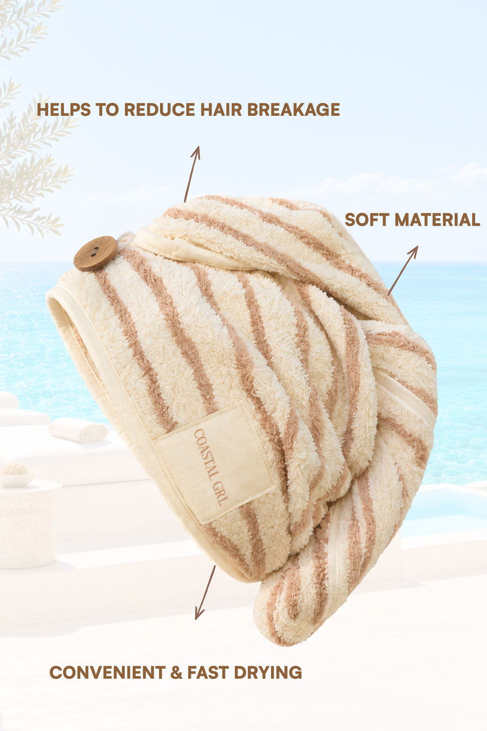 Coastal GRL hair towel wrap feature graphic showing soft fast drying fabric that reduces breakage