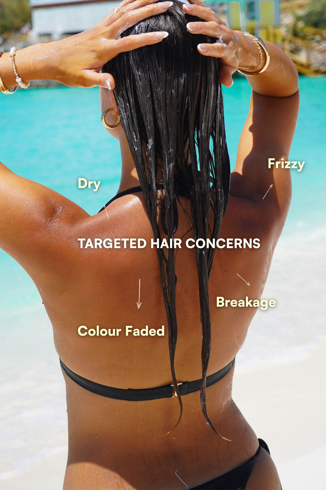 Coastal GRL Pre-Swim graphic showing the hair concerns it targets including dryness and frizz