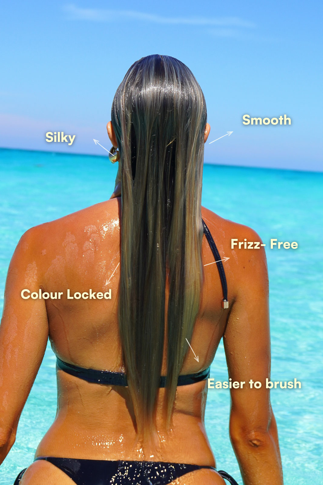 Coastal GRL Pre-Swim results graphic showing silky frizz free colour locked hair