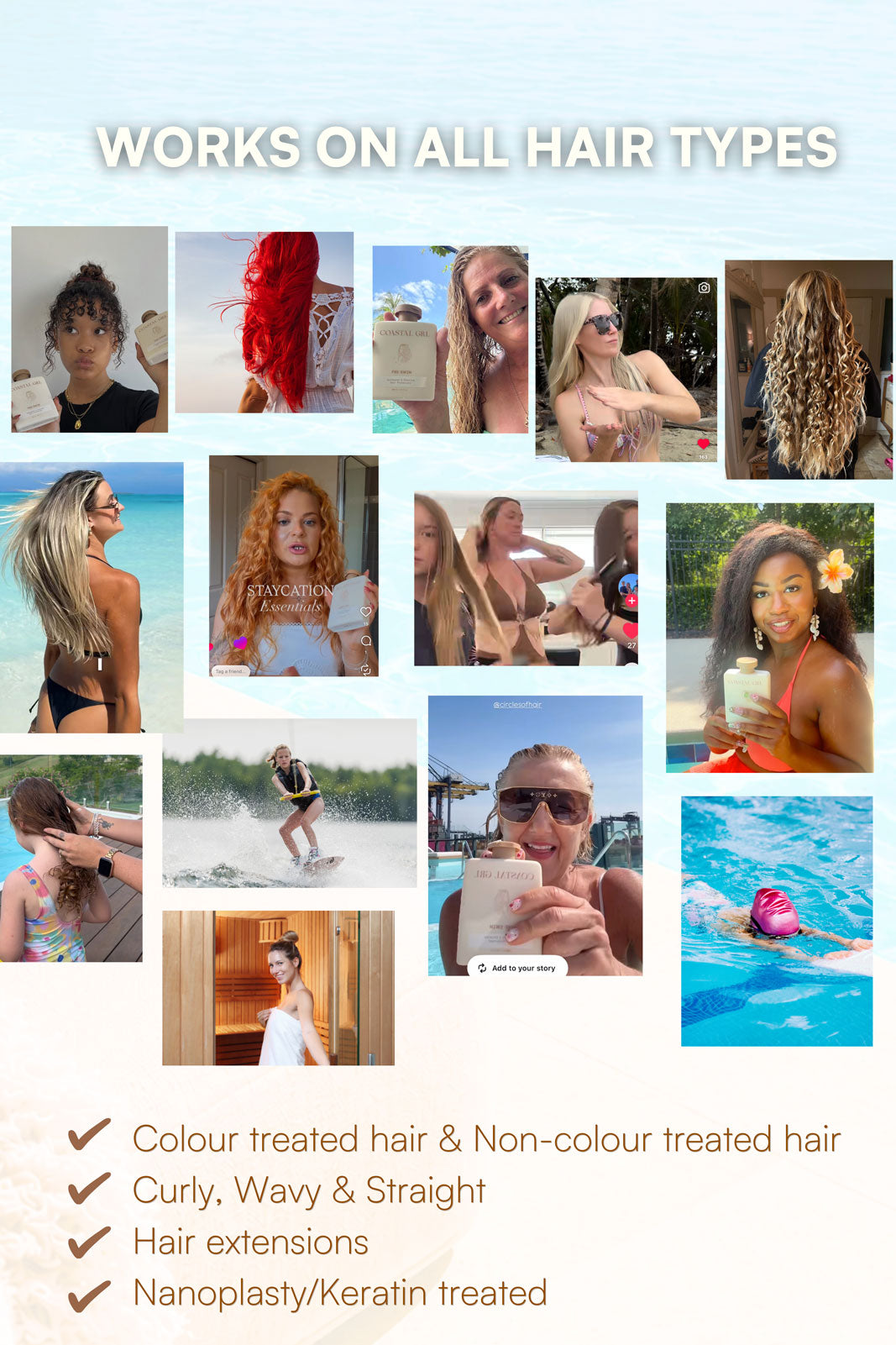 Coastal GRL Pre-Swim customer collage showing it works on all hair types and colours