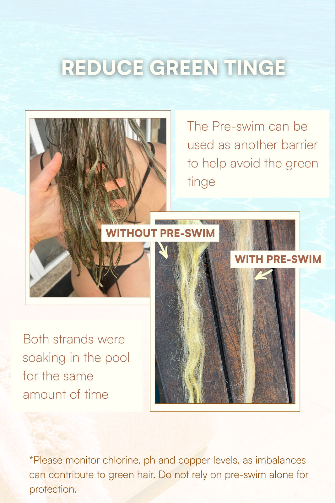 Hair strand test showing Coastal GRL Pre-Swim reducing green tinge from pool water