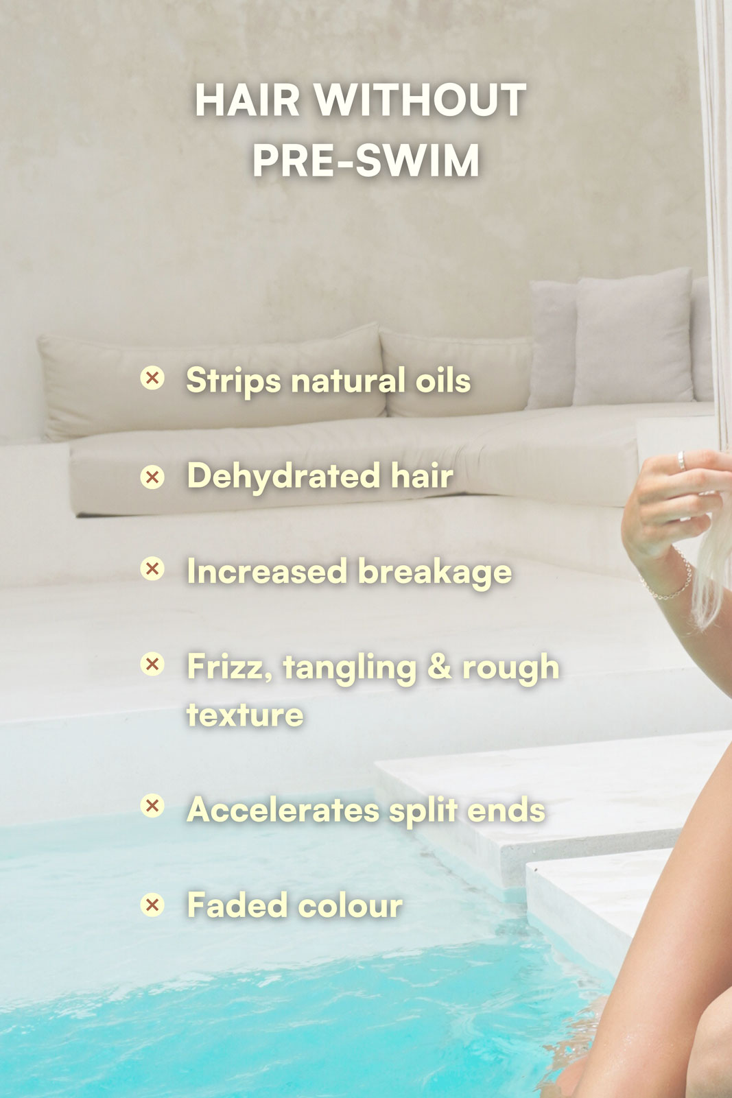 Graphic listing what happens to hair when swimming without Coastal GRL Pre-Swim