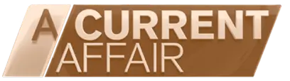 A rectangular logo or emblem with the words 'A CURRENT AFFAIR' in large beige letters on a metallic brown background.